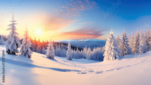 a beautifulsunset winter landscape next to a forest, wallpaper design © Sternfahrer