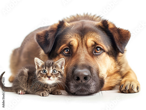cane grosso e gatto in posa, amicizia tra animali domestici, sfondo bianco scontornabile photo