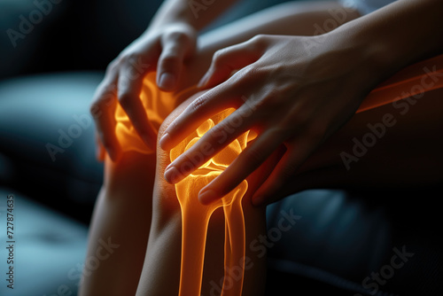 Knee pain, joint inflammation, bone fracture, woman suffering from osteoarthritis, leg injury photo