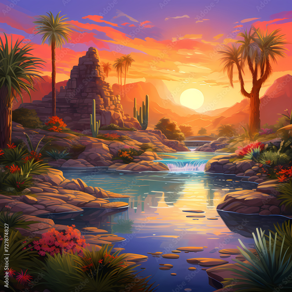 Desert oasis at sunset with vibrant colors. 