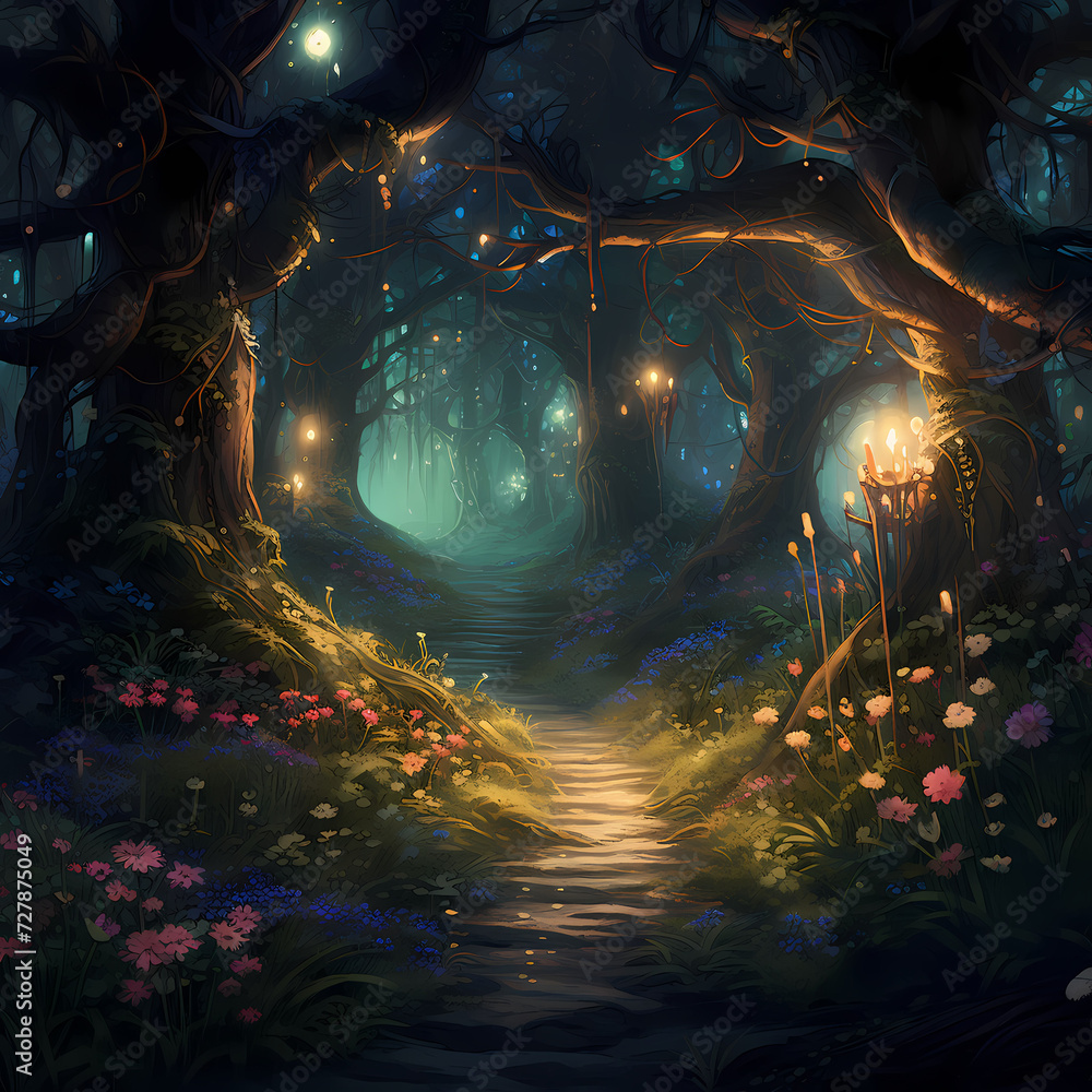 Enchanting forest with luminescent flora.
