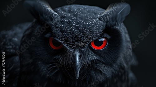 Sharp gaze of a black owl bird with spooky red eyes AI generated image