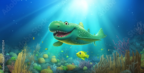 Cute green shark swimming underwater in deep blue water. This is a 3d render illustration,3D render of a cute green fish swimming in the sea.