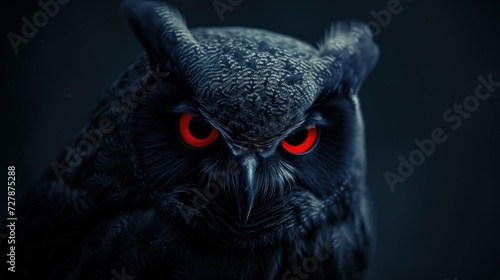 Sharp gaze of a black owl bird with spooky red eyes AI generated image