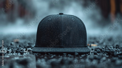 Black baseball cap, snapback on a black background. Mock up design.