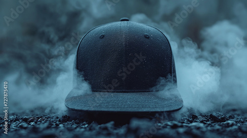 Black baseball cap, snapback on a black background. Mock up design. photo