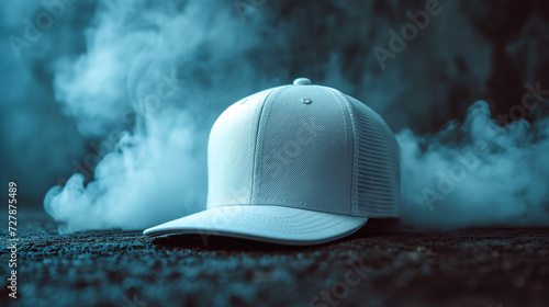 White baseball cap, snapback on a black background. Mock up design. photo