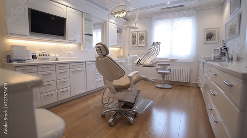 Dental equipment in dentist office in new modern stomatological clinic room. Background of dental chair and accessories used by dentists in blue, medic light. Copy space, text place photo