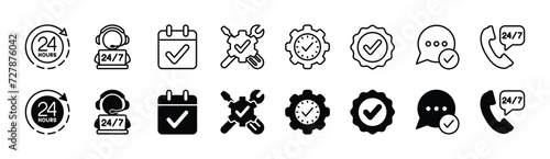 Available service and support icon set. Containing 24 hours, contact call center, calendar, technical assistance, time management, help desk, chat communication. Vector illustration