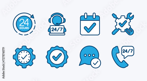 Set of available service and support icon. Containing 24 hours, contact call center, calendar, technical assistance, time management, help desk, chat communication. Vector illustration
