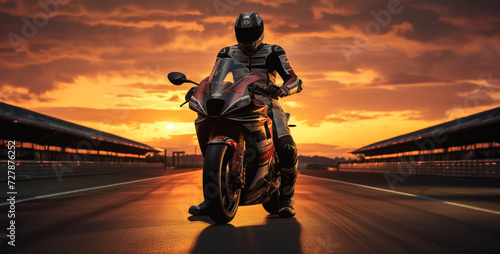 Motorcycle rider on the road at sunset.3d rendering.Silhouette of a motorcyclist riding a sport bike at sunset © Kashif Ali 72