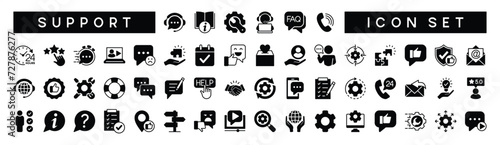 Set of customer service and support icon. Containing assistance, help, satisfaction, settings, care, solution, chat, call, technical, experience, feedback, problem-solving. Vector illustration