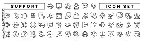 Customer service and support icon set. Containing assistance, help, satisfaction, settings, care, solution, chat, technical, experience, feedback, problem-solving. Vector illustration