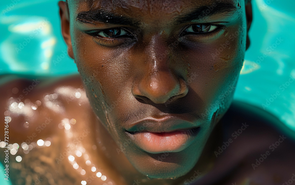 Multiracial Man Swimming With Eyes Open in Pool Multiracial Man Swimming With Eyes Open in Pool