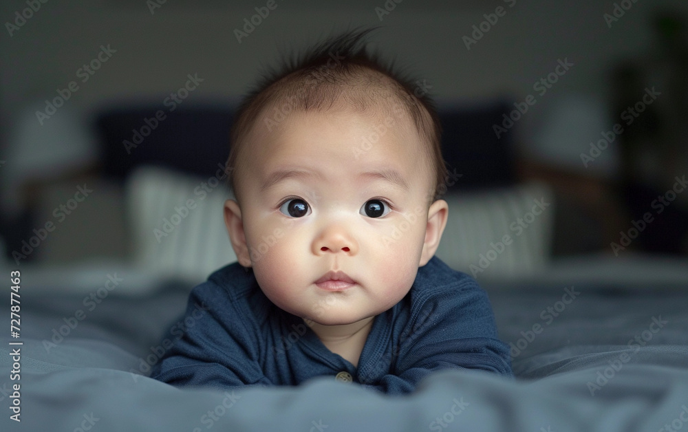 Multiracial Baby Laying on Bed, Looking at Camera