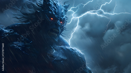 Demon with blue lightning, devil. Neural network AI generated art