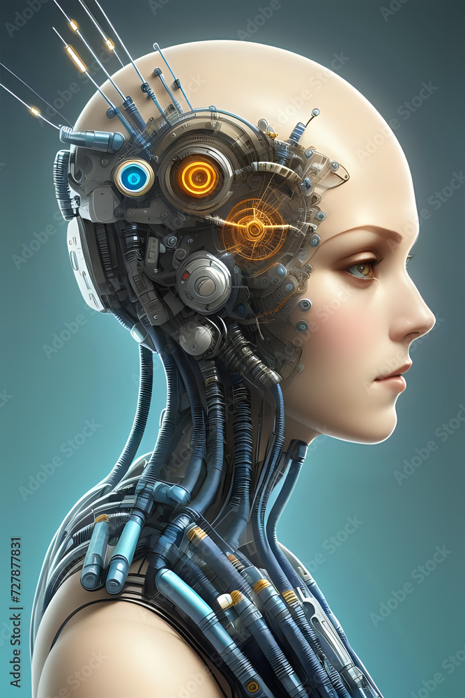 3D illustration of science fiction female humanoid cyborg lost in futuristic neon lit cyberpunk city. 3D illustration of science fiction female humanoid cyborg lost in futuristic neon lit cyberpunk city.