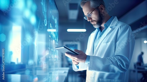 Scientist . Man with clipboard. Scientist in scientific laboratory. Doctor scientist studies genome. Male geneticist works in DNA lab.
