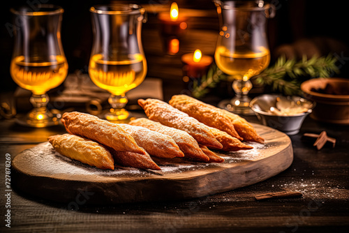 Experience the delightful crunch and creamy bliss of brandy snaps filled with luscious cream. Perfectly captured on a table with ample copy space for culinary projects and sweet themed designs. photo