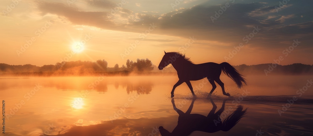 Silhouette of Horse Gracefully Galloping by the Tranquil Lake with Majestic Nature and Sun Silhouette of Horse Gracefully Galloping by the Tranquil Lake with Majestic Nature and Sun