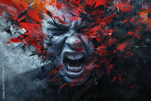 abstract face symbolizes a burst splash of violent energy red gray color