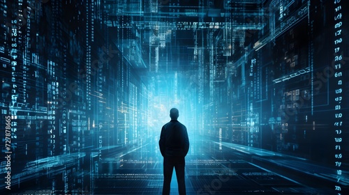 a man standing in front of a tunnel of data