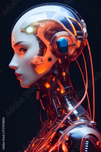 3D illustration of science fiction female humanoid cyborg lost in futuristic neon lit cyberpunk city.