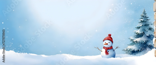 A cute little snowman wearing a red winter hat and red scarf. A clear, snowy midwinter day. Illustration in watercolor style.