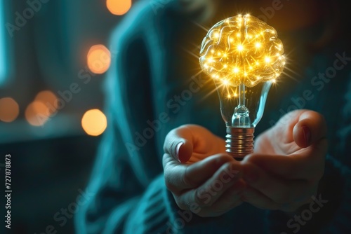 A close-up of a person s hands holding a glowing brain shaped light bulb, representing innovative ideas photo