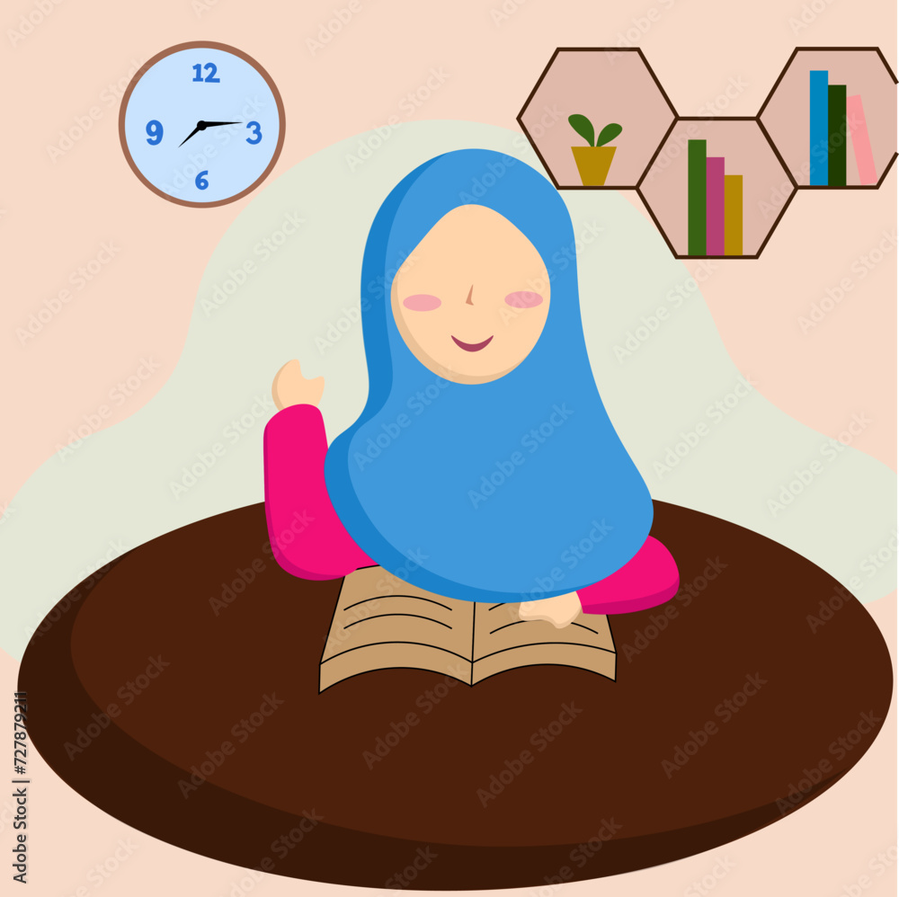 Young muslim girl studying in book cartoon vector illustration Young muslim girl studying in book cartoon vector illustration