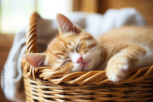 Red cat sleeps sweetly in a wicker basket © Ari