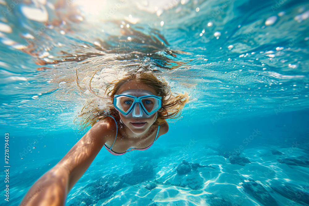 girl swims underwater wearing a mask