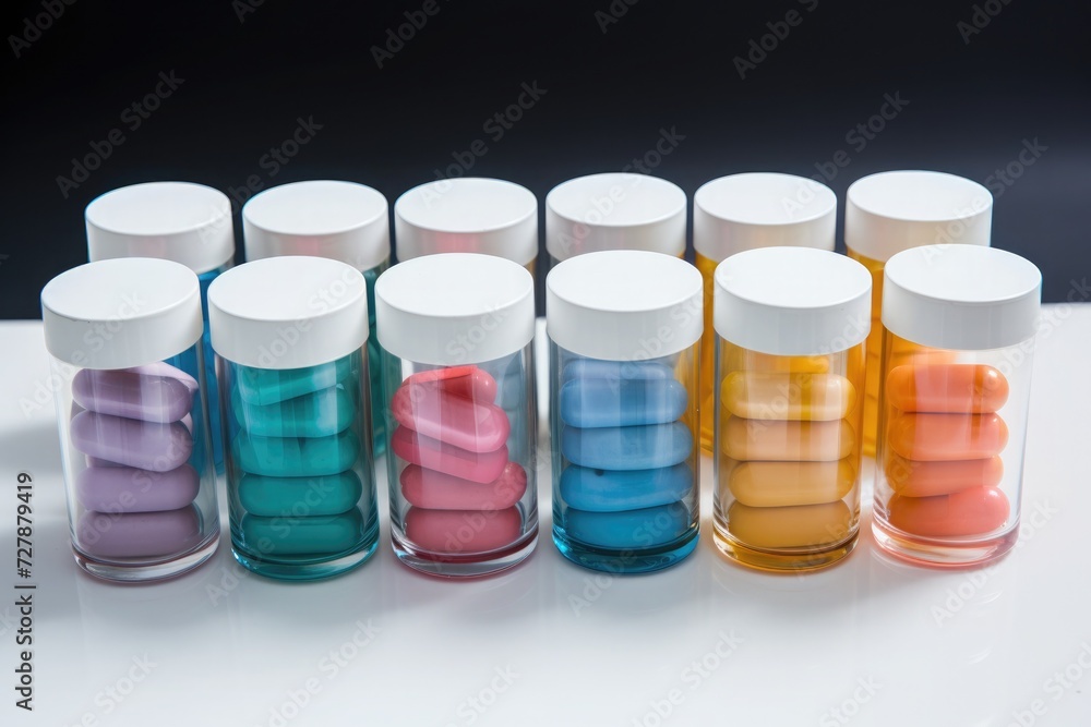 Two rows of transparent jars with multi-colored pills. Treatment plan idea Two rows of transparent jars with multi-colored pills. Treatment plan idea