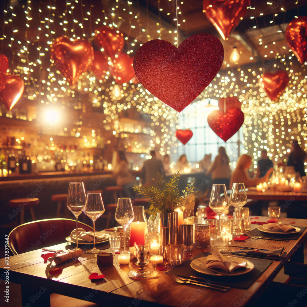Valentine Vibes: Café Bliss with Red Hearts Bokeh.