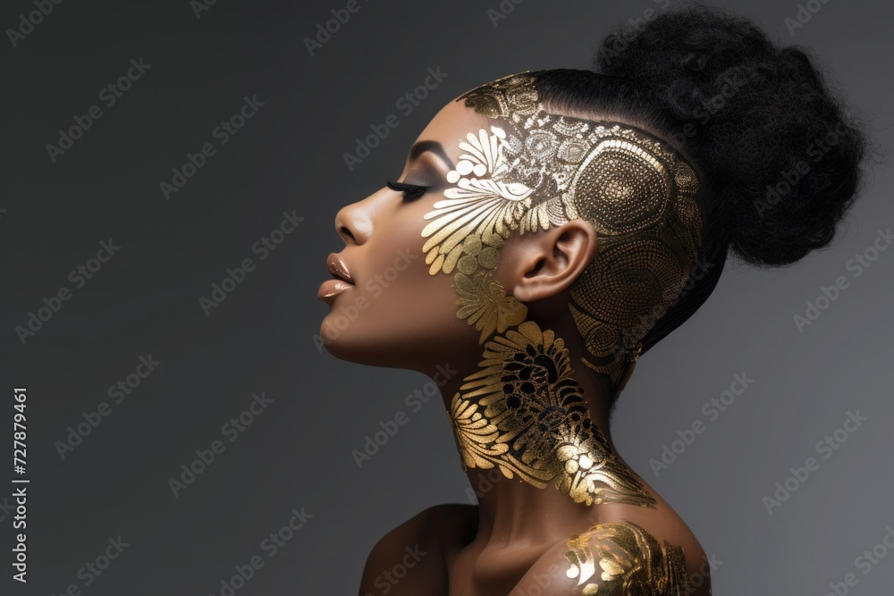 African American woman with gold ornament on face and neck, fashionable portrait - obrazy, fototapety, plakaty 
