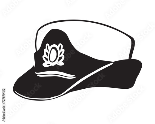 Black and white illustration of a female headdress. Women's naval cap. Vector illustration. An element of a female marine uniform.