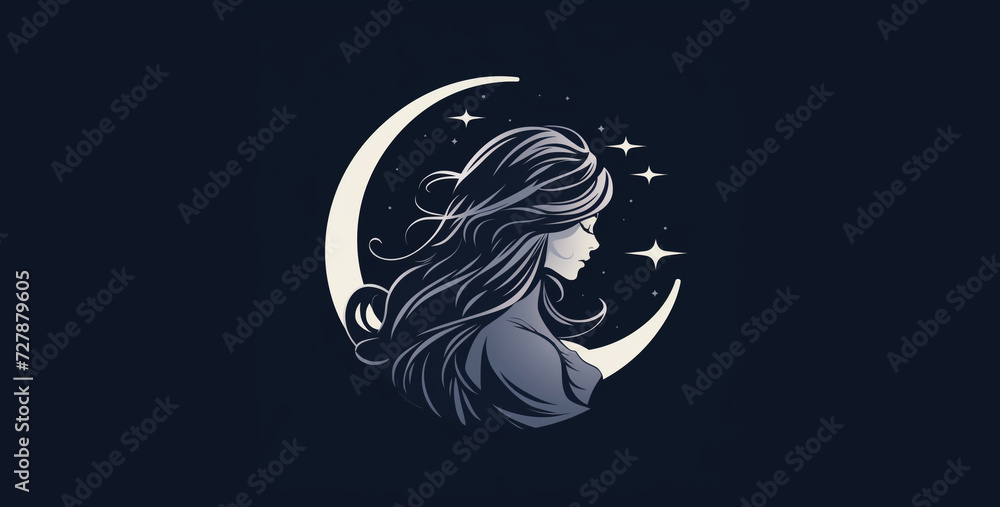Beautiful girl with long hair in the night sky. Vector illustration.Beautiful girl with long hair in the moonlight. Vector illustration.