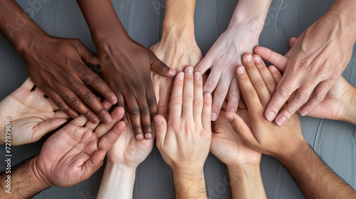 overhead view of multiple hands of diverse skin tones coming together in the center  symbolizing unity and teamwork