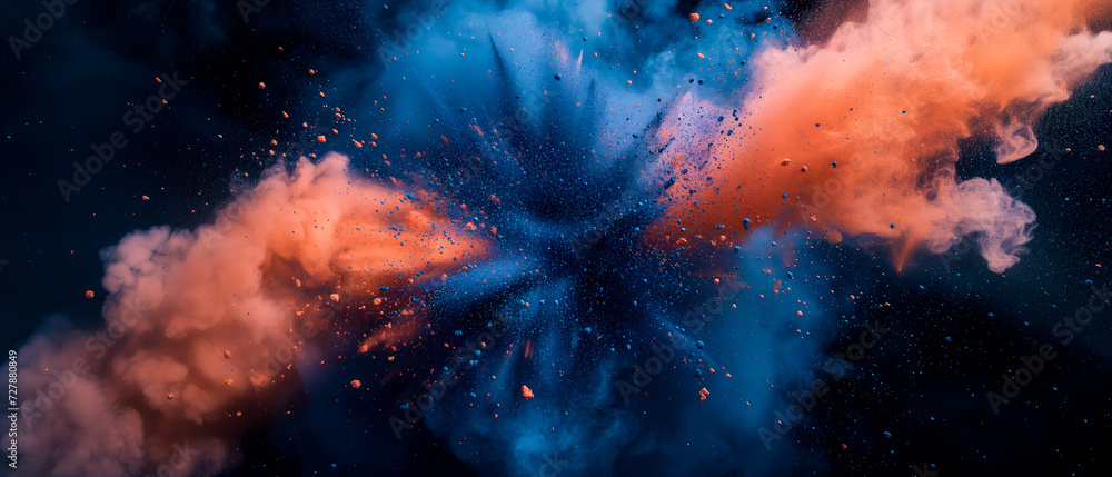 Powder charcoal background deep blue and orange smoke particles explosion background