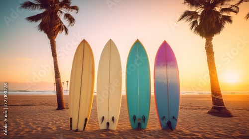 Surfboards on the beach with palm trees and sunset - vintage filter. Surfboards on the beach. Vacation Concept with Copy Space.