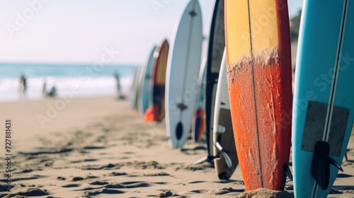 Surfboards on the beach. Surfboards on the beach. Surfboards on the beach. Vacation Concept with Copy Space.