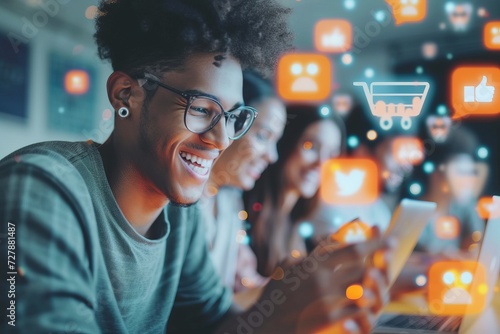Joyful young man with glasses is using his smartphone, surrounded by vibrant social media and e-commerce icons, with friends engaging in the background, reflecting a digitally connected lifestyle