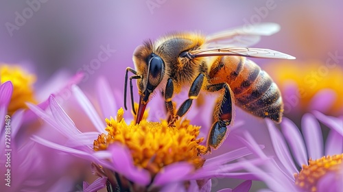 A honey bee collects nectar from a purple wildflower in hot summer. Macro sketching of insects. © index74