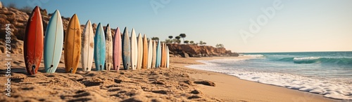 Surfboards on the sandy beach at sunset, panoramic banner. Surfboards on the beach. Vacation Concept with Copy Space.