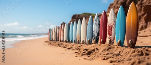 Row of colorful surfboards on a sandy beach. Selective focus. Surfboards on the beach. Vacation Concept with Copy Space.