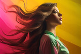 Portrait of young woman 20 years old, with multi-colored long fluttering hair on  abstract background. Banner background, copy space for text. Night city lights. AI Generative