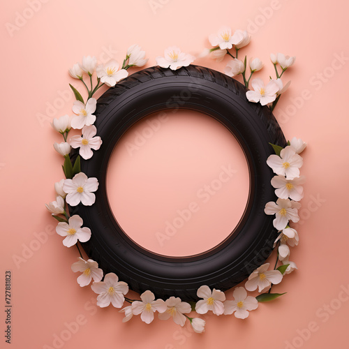 Car tyre decorated with white spring flowers isolated on a pinkish-orange background with copy space.