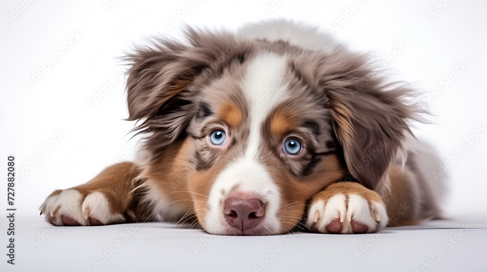 Cute sweet puppy of Australian shepherd or pet posing isolated on white wall, Dog isolated on white background, AI generated