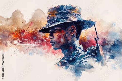 Modern soldier of Thailand close up Illustration. Thailand soldier watercolor colors Illustration