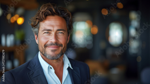  A confident and handsome businessman with a friendly smile, captured in a close-up portrait in a studio setting in office.